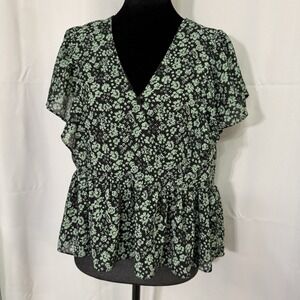 Madewell Floral Peplum Blouse Small Black Green V Neck Sheer Top Cottagecore
